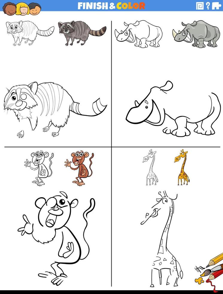 drawing and coloring worksheet with cartoon animals vector