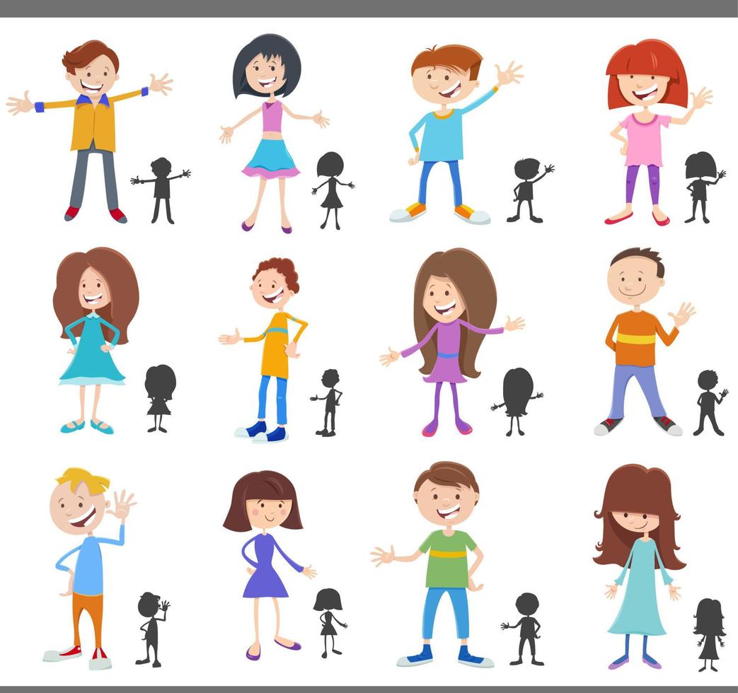 cartoon children characters with silhouettes set vector