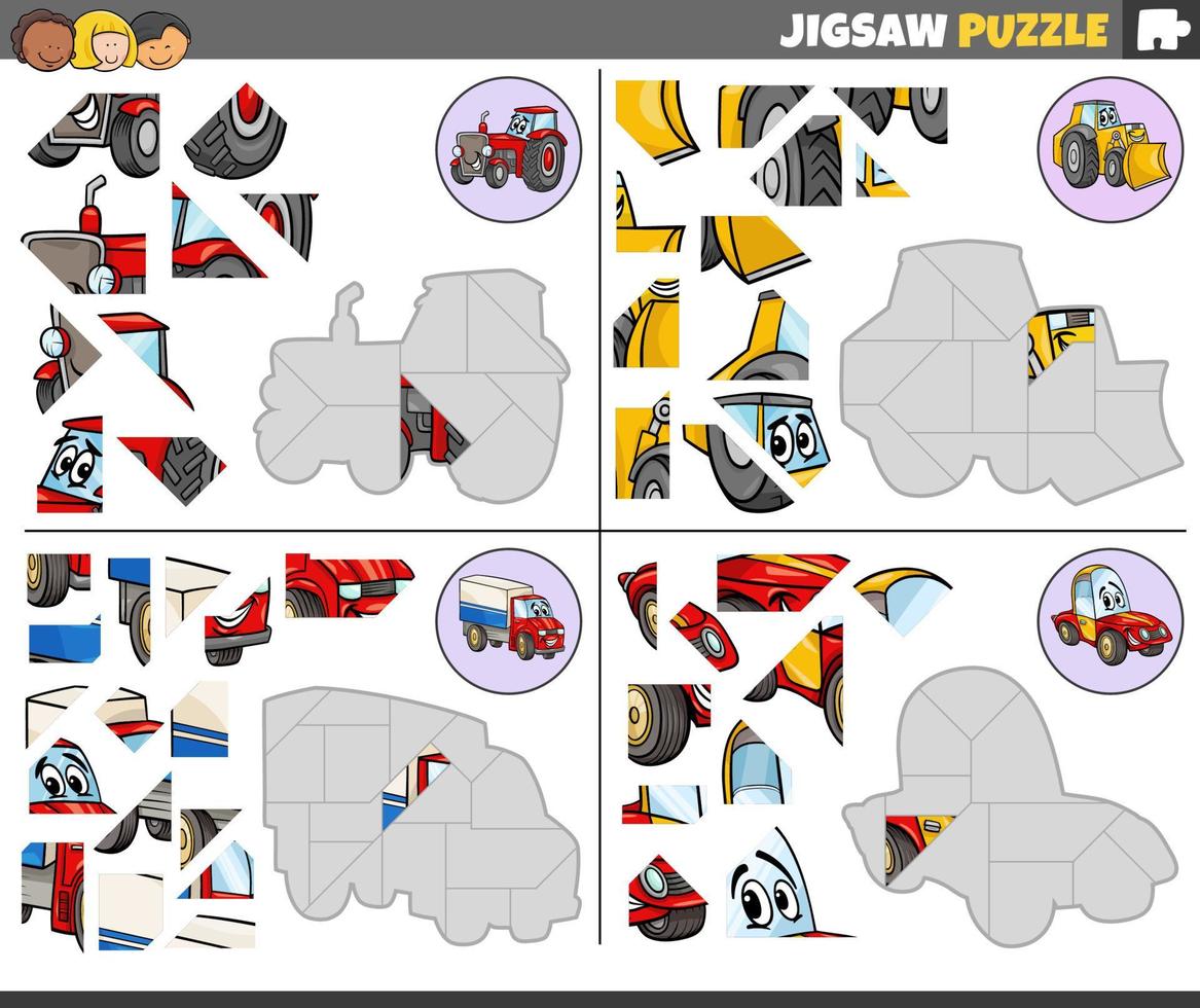 jigsaw puzzle task with cartoon vehicle character vector