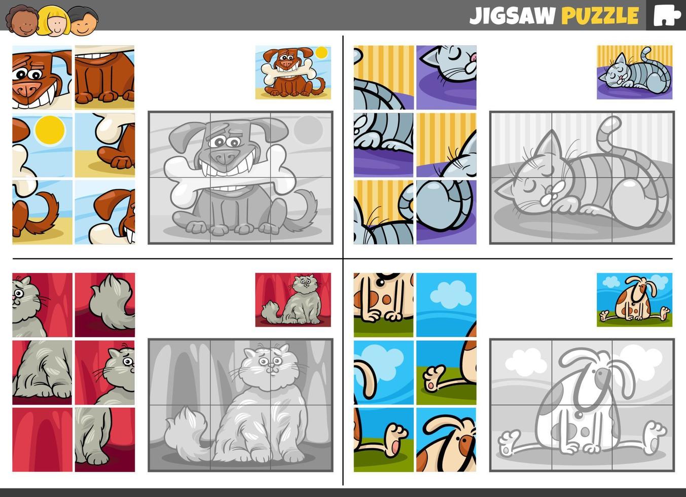jigsaw puzzle task set with cartoon pet animals vector