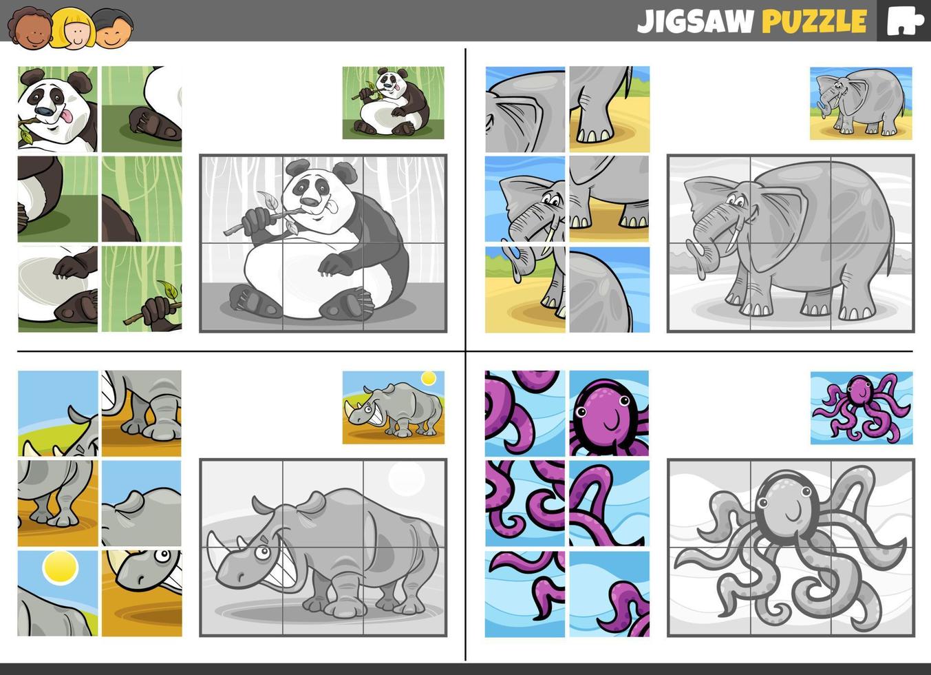 jigsaw puzzle game set with cartoon animals vector