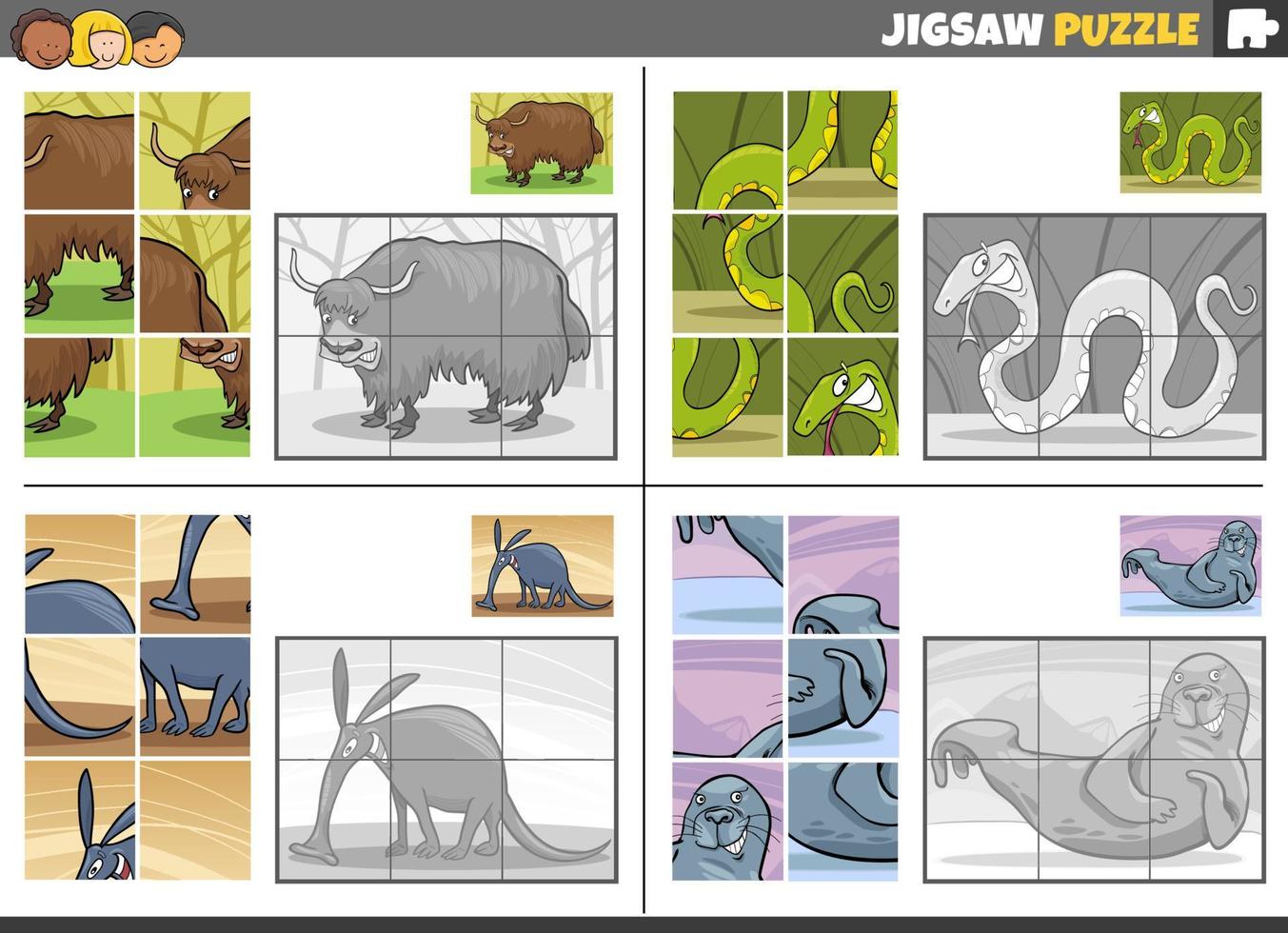 jigsaw puzzle game set with cartoon wild animals vector