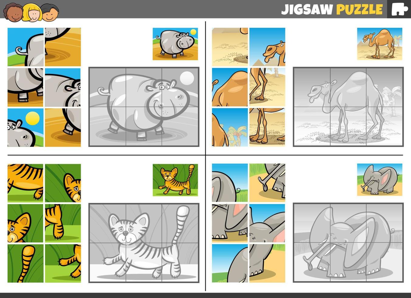 jigsaw puzzle game set with cartoon wild animals vector