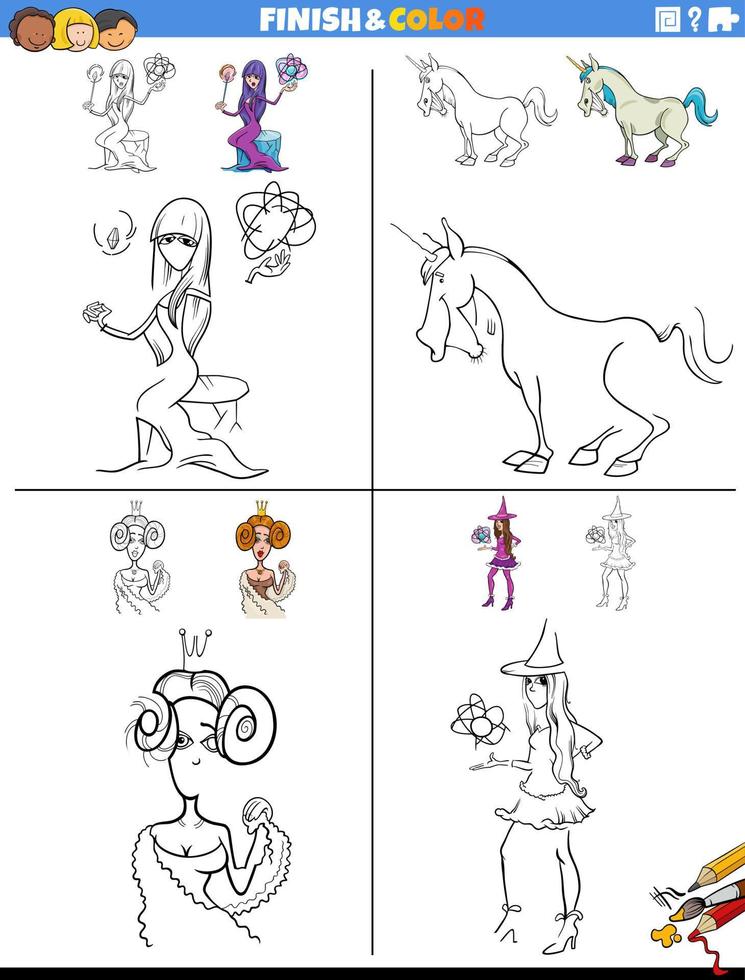 drawing and coloring task with fantasy characters vector