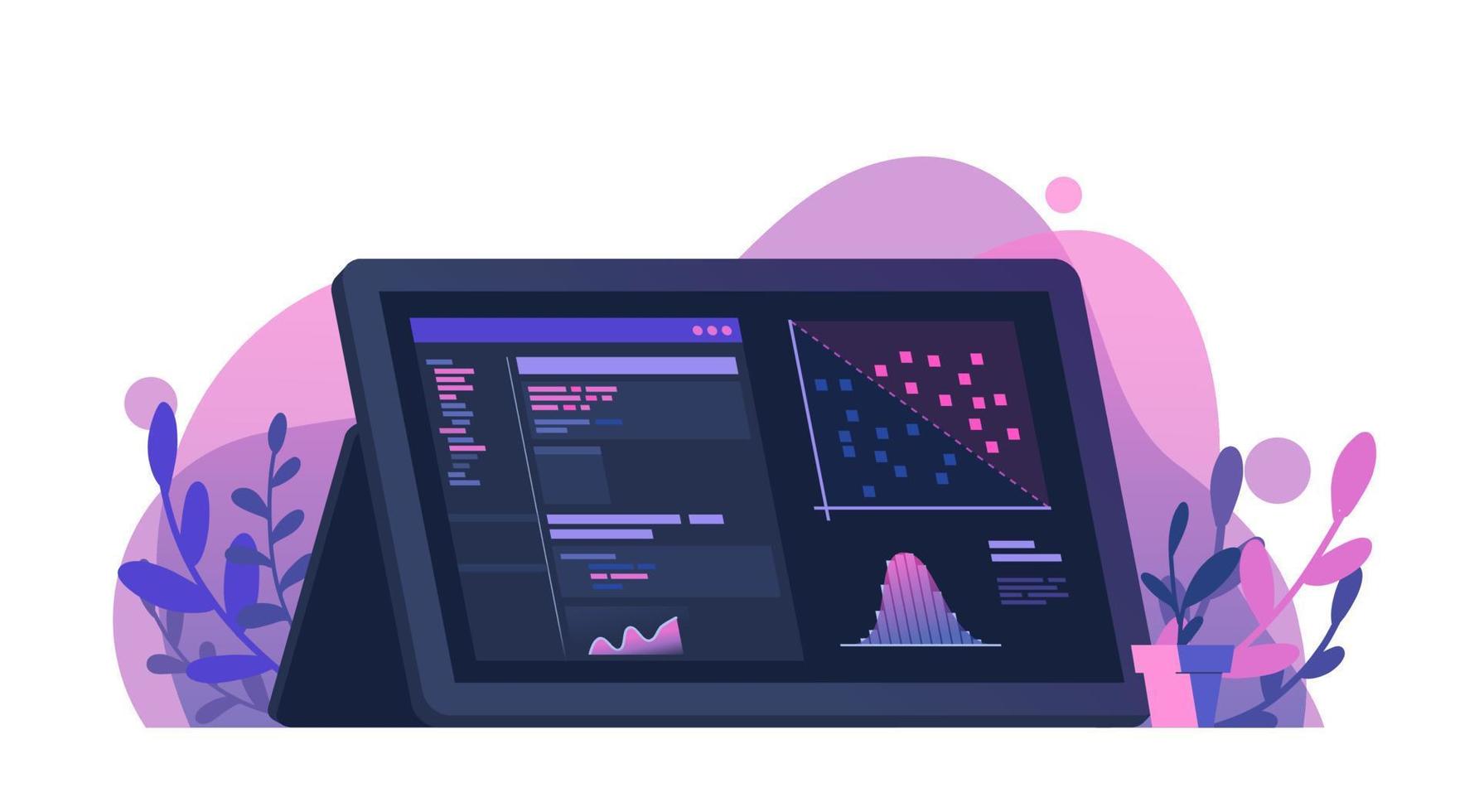 programación de ciencia de datos e ilustración de visualización de datos en el tablero del monitor con decoración de hojas estadísticas de informática vector plano