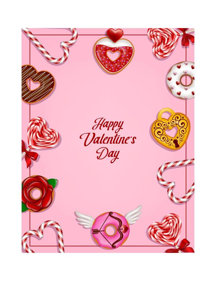 valentine's day background with sweets. valentine card with donuts and candies vector