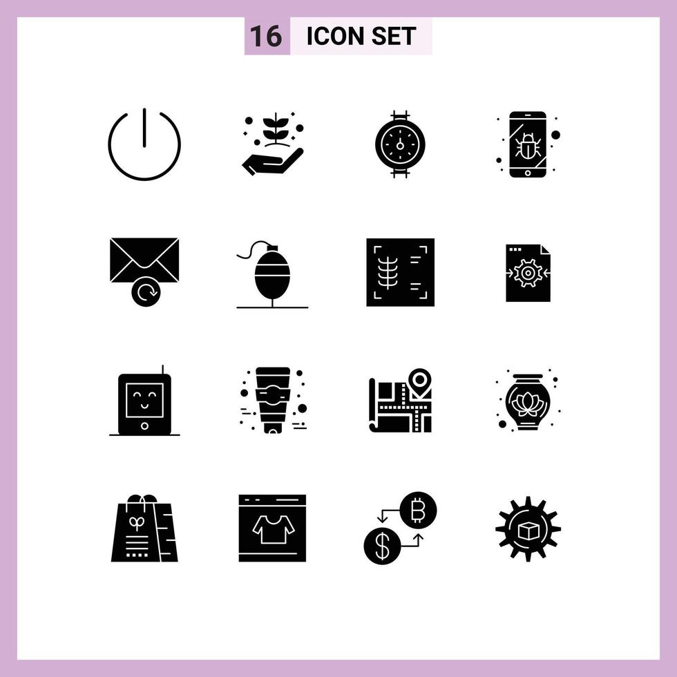 Pictogram Set of 16 Simple Solid Glyphs of retry mail gauge spy mobile Editable Vector Design Elements