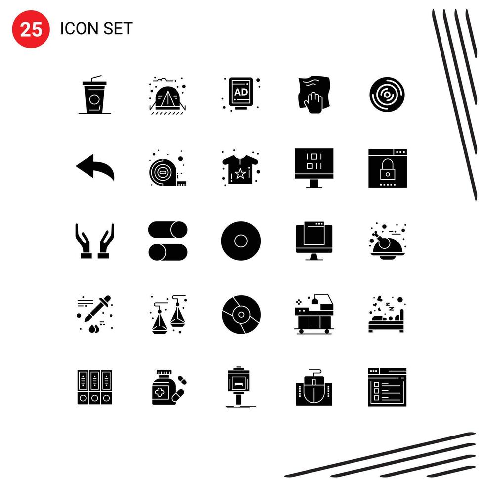 25 Thematic Vector Solid Glyphs and Editable Symbols of vinyl disc billboard scrub housework Editable Vector Design Elements