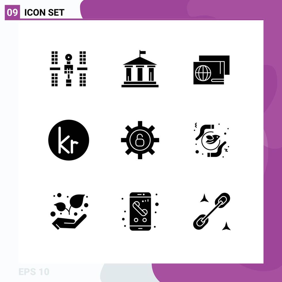 Group of 9 Solid Glyphs Signs and Symbols for protection danish usa currency shopping Editable Vector Design Elements