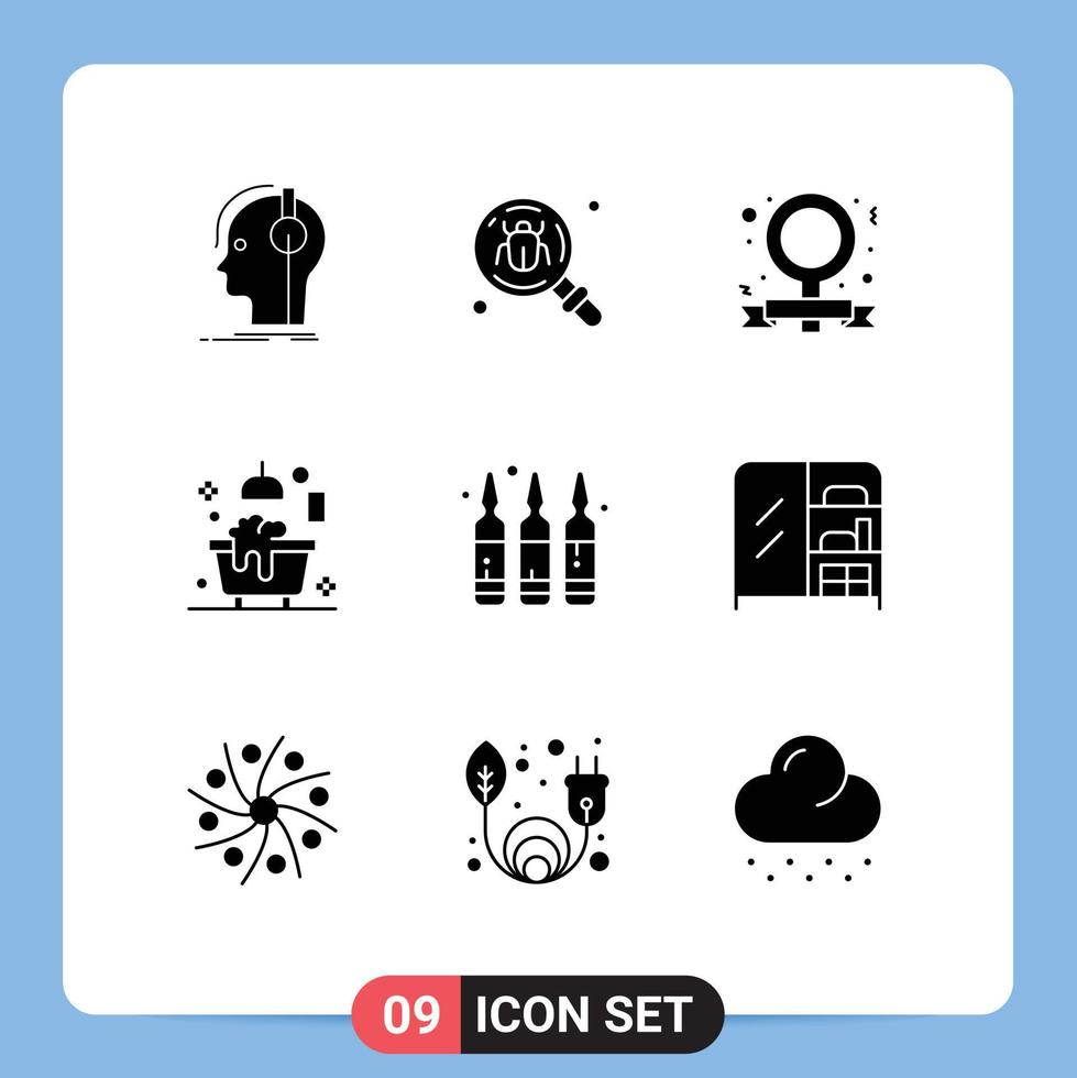 9 User Interface Solid Glyph Pack of modern Signs and Symbols of shower bathroom insect bath feminism Editable Vector Design Elements