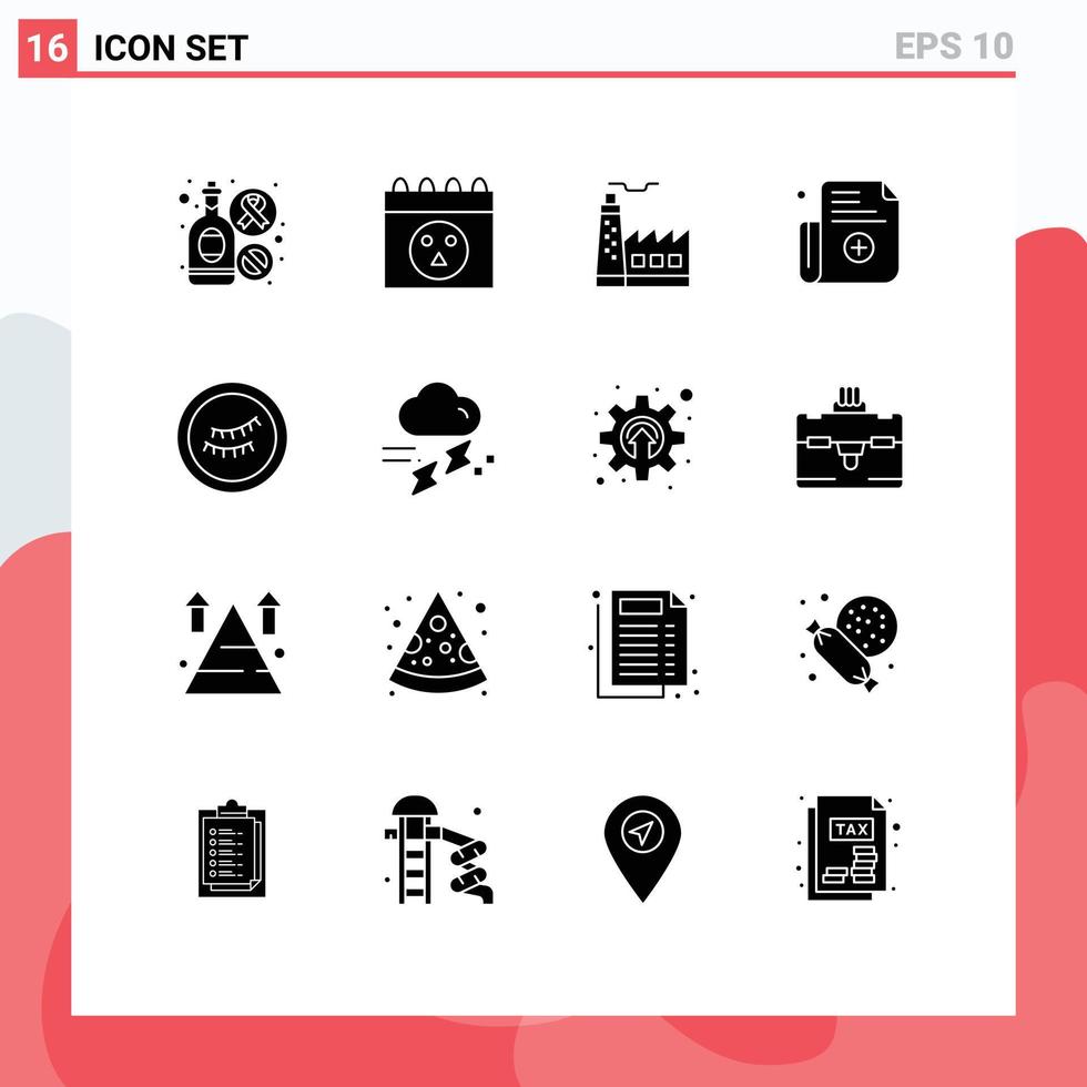 Solid Glyph Pack of 16 Universal Symbols of rain sleep factory eye medical Editable Vector Design Elements
