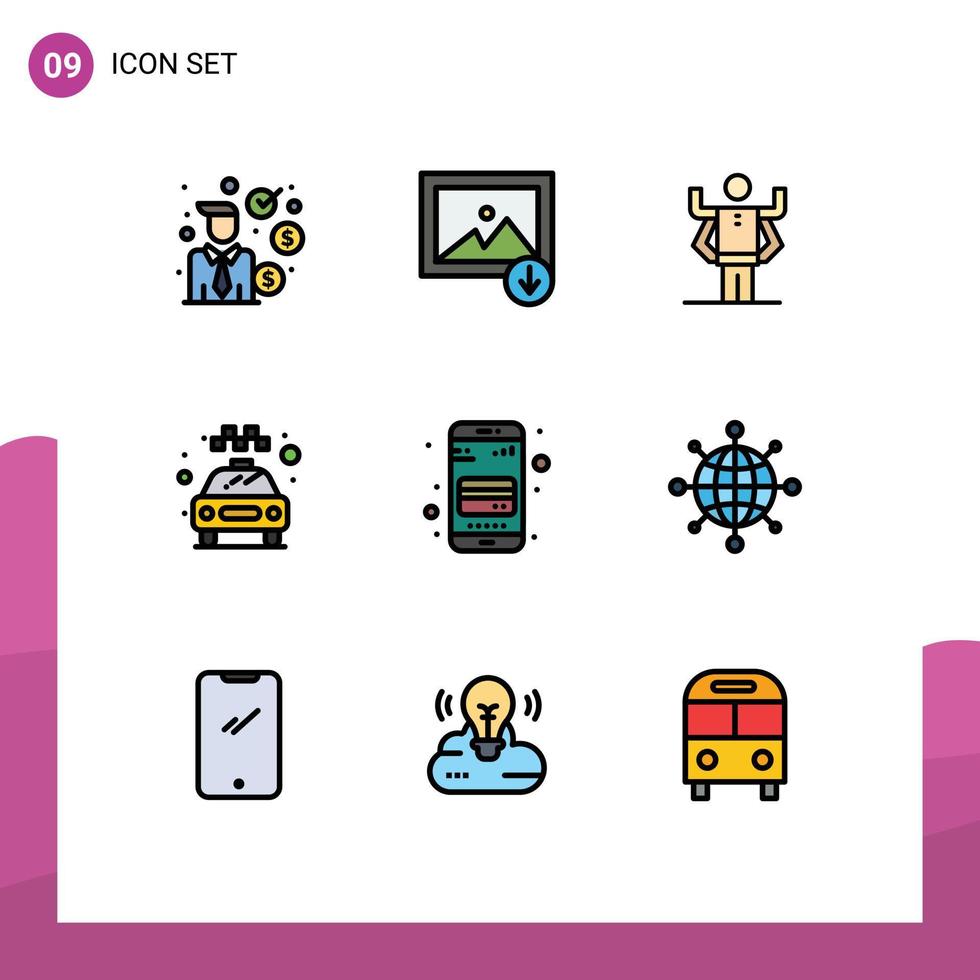Pictogram Set of 9 Simple Filledline Flat Colors of mobile atm card human service taxi Editable Vector Design Elements