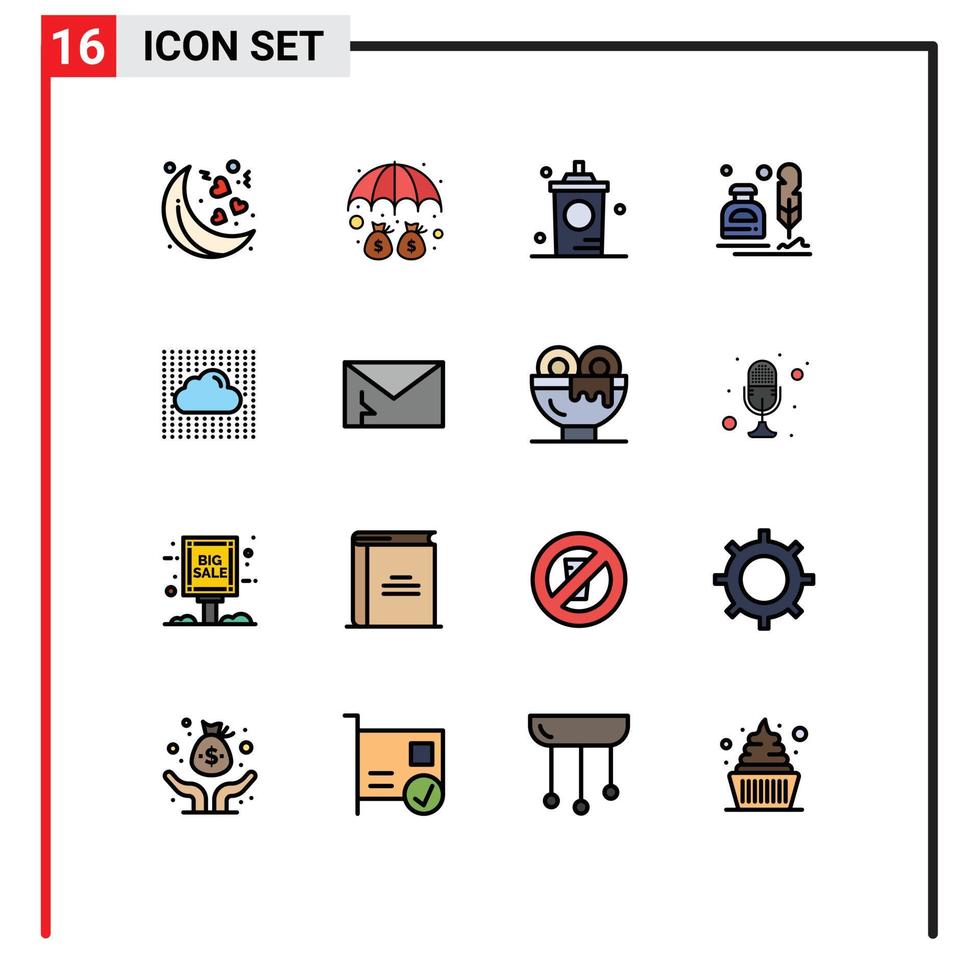 Modern Set of 16 Flat Color Filled Lines Pictograph of cloud letter drink fur ink Editable Creative Vector Design Elements