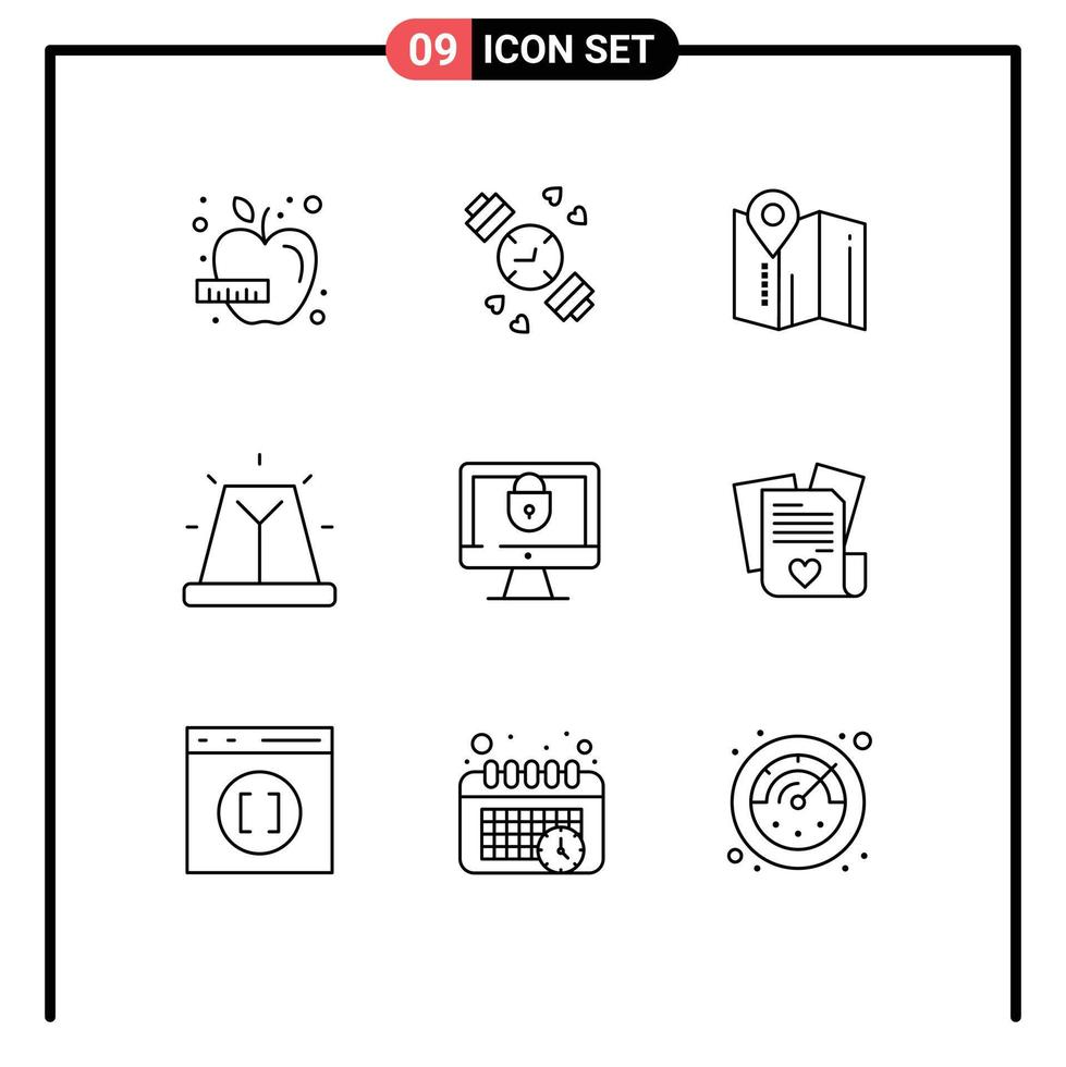 Set of 9 Vector Outlines on Grid for lock computer map siren bell Editable Vector Design Elements