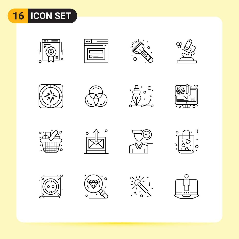Pack of 16 creative Outlines of navigation compass flash gps microscope Editable Vector Design Elements