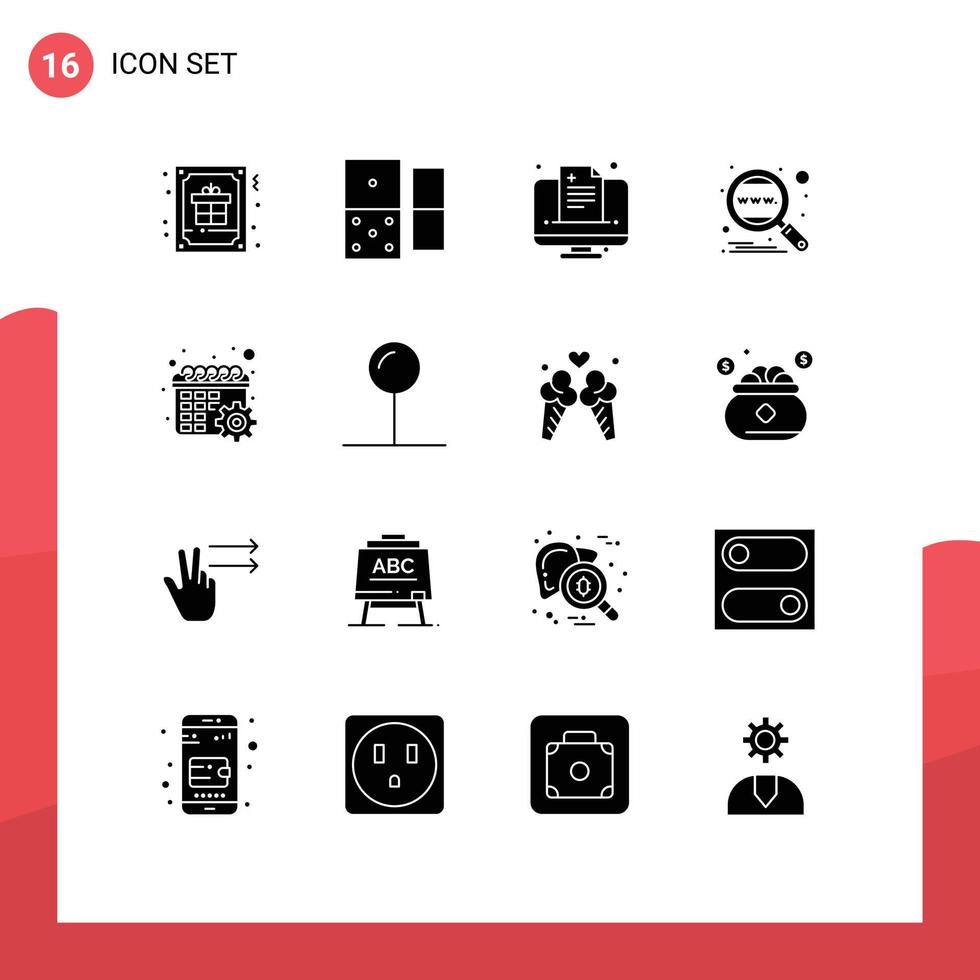 Pack of 16 Modern Solid Glyphs Signs and Symbols for Web Print Media such as calendar search health global analysis Editable Vector Design Elements
