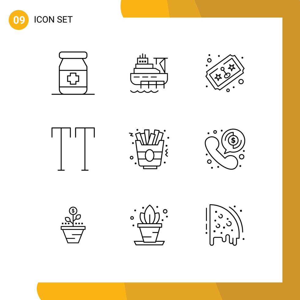 Universal Icon Symbols Group of 9 Modern Outlines of money food game fast food caps Editable Vector Design Elements