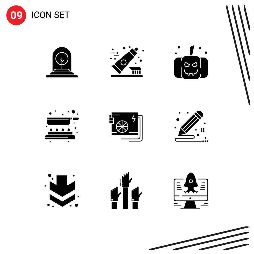 Pictogram Set of 9 Simple Solid Glyphs of computer fry clean pan cook Editable Vector Design Elements