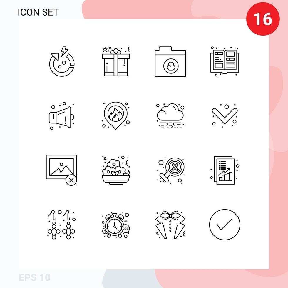 16 Thematic Vector Outlines and Editable Symbols of fire multimedia cloud megaphone items Editable Vector Design Elements