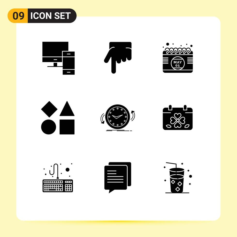 Solid Glyph Pack of 9 Universal Symbols of clock toy calendar shapes bricks Editable Vector Design Elements