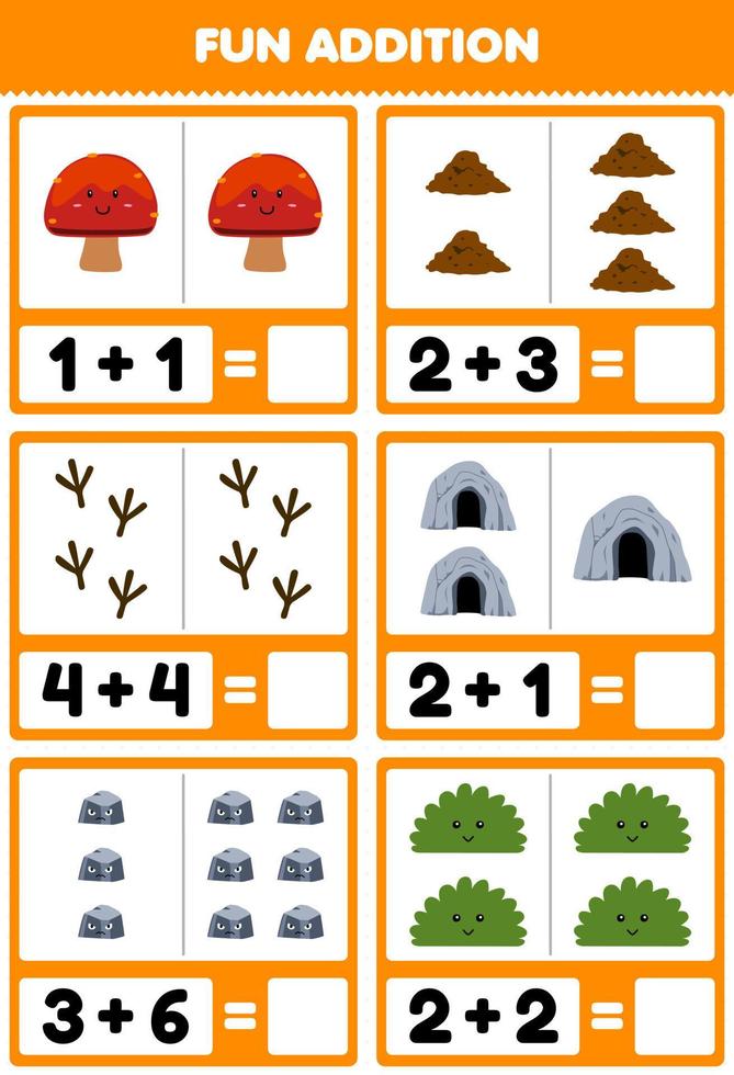Education game for children fun addition by counting and sum of cute cartoon mushroom soil footprint cave stone bush printable nature worksheet vector