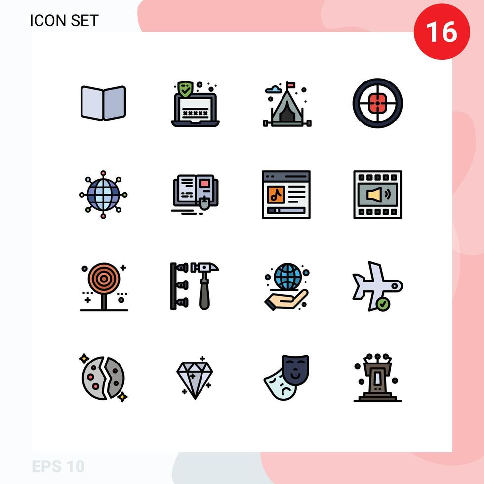 Modern Set of 16 Flat Color Filled Lines Pictograph of connections target camping soldier badge Editable Creative Vector Design Elements