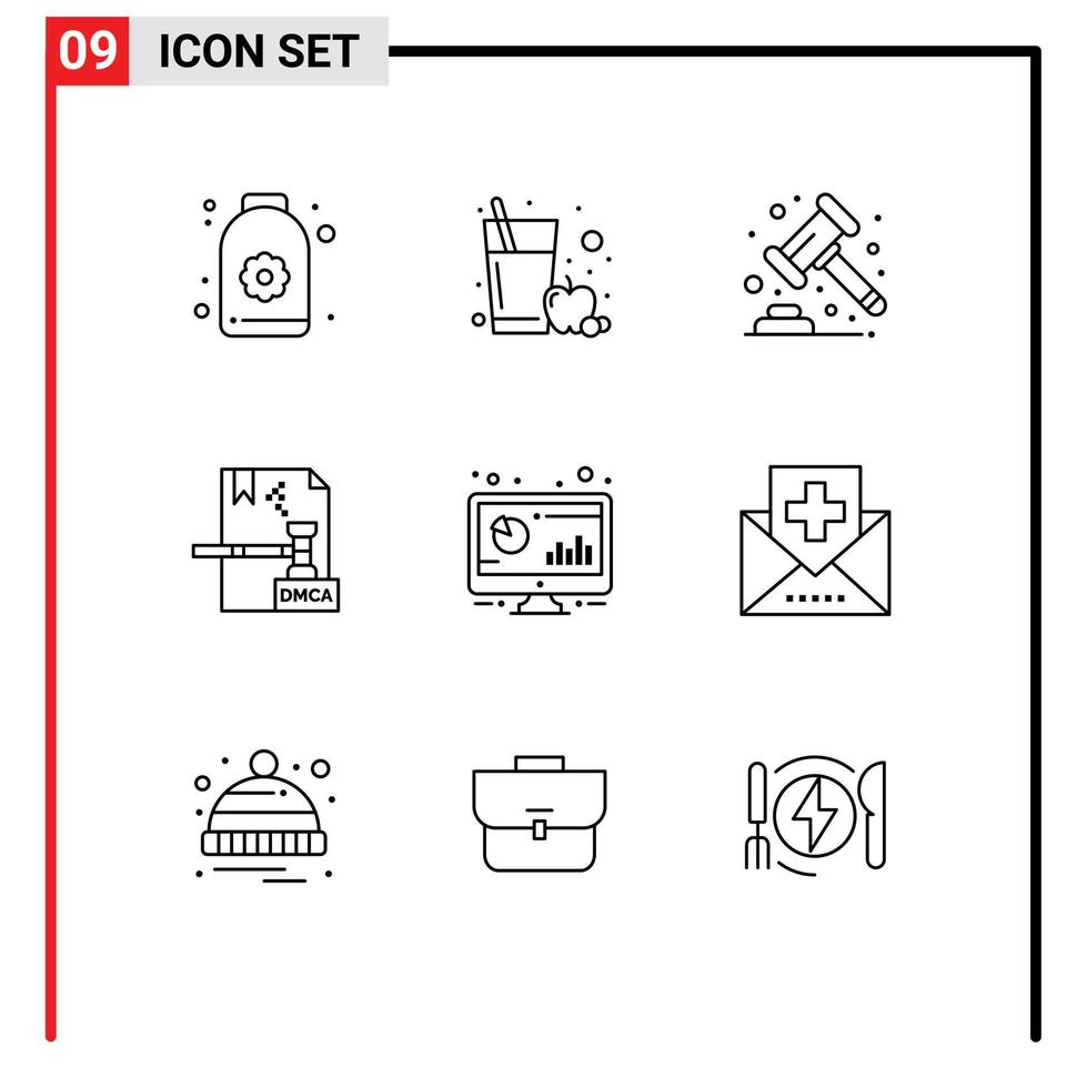grupo universal de símbolos de iconos de 9 contornos modernos de elementos de diseño de vectores editables de derechos de autor de martillo de archivo de barra dmca