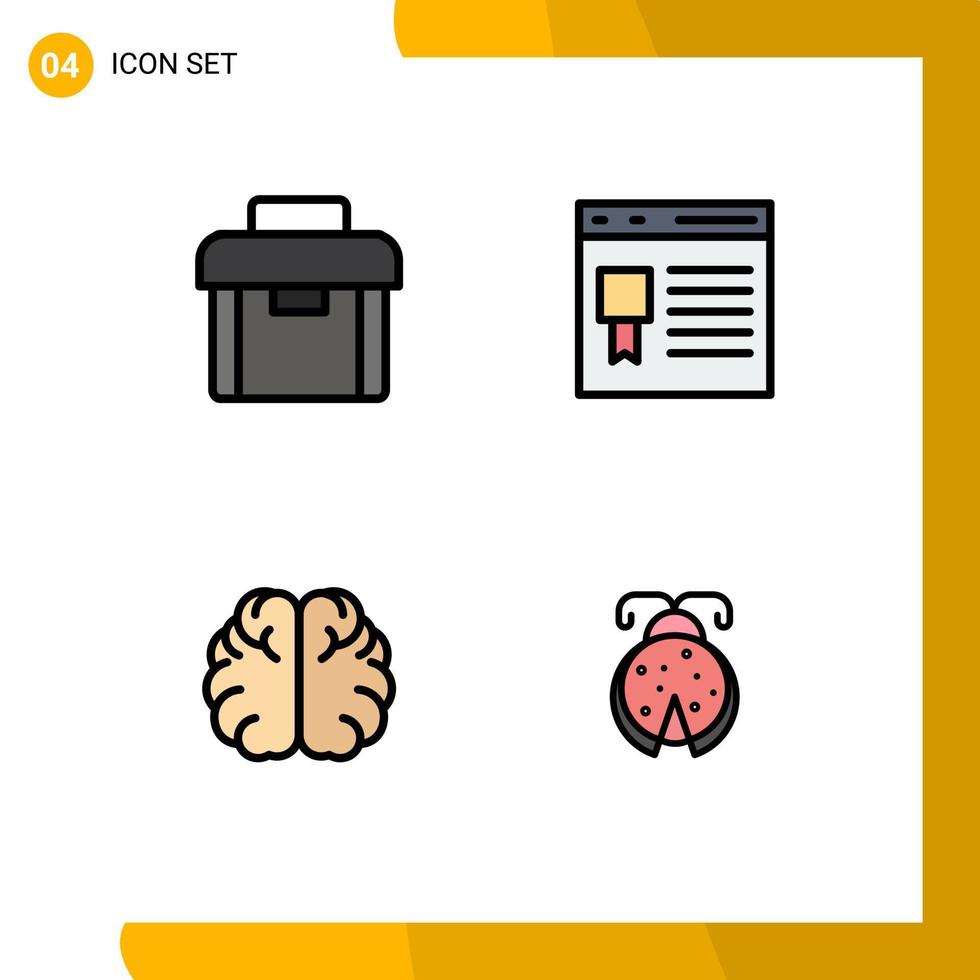 4 Universal Filledline Flat Color Signs Symbols of briefcase brain suitcase development hemisphere Editable Vector Design Elements