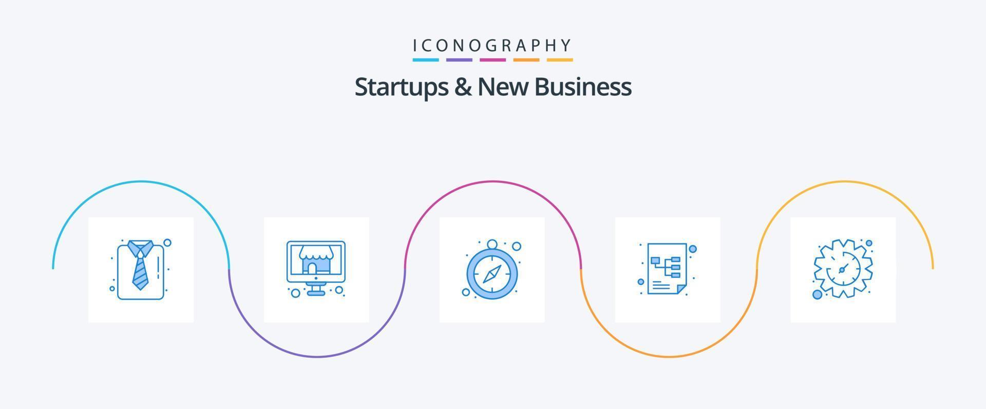 Startups And New Business Blue 5 Icon Pack Including gear. time. clock. document. project vector