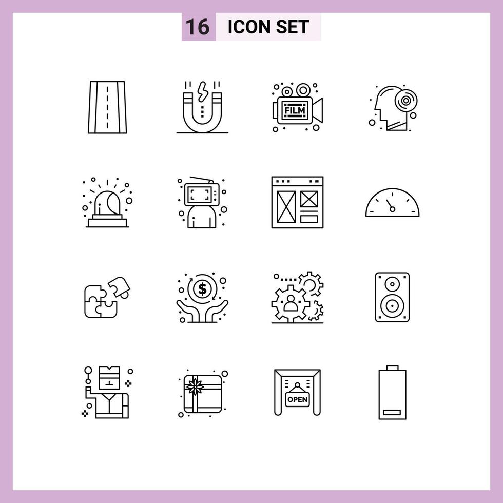 Pack of 16 creative Outlines of alarm thinking camera brain movie Editable Vector Design Elements
