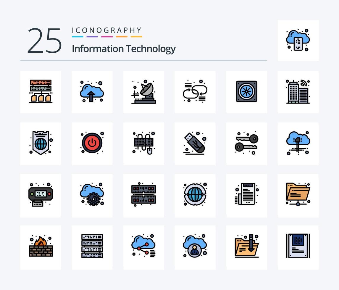 paquete de iconos rellenos de 25 líneas de tecnología de la información que incluye infraestructura. ventilador. transmisor. enfriamiento. red vector