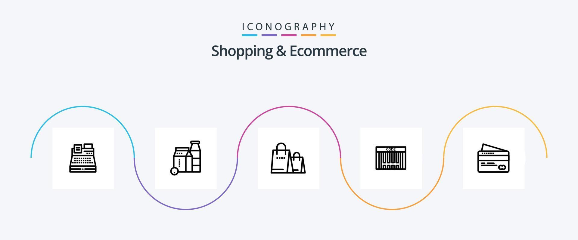 paquete de iconos de la línea 5 de compras y comercio electrónico que incluye crédito. compras. bolso . código. bar vector