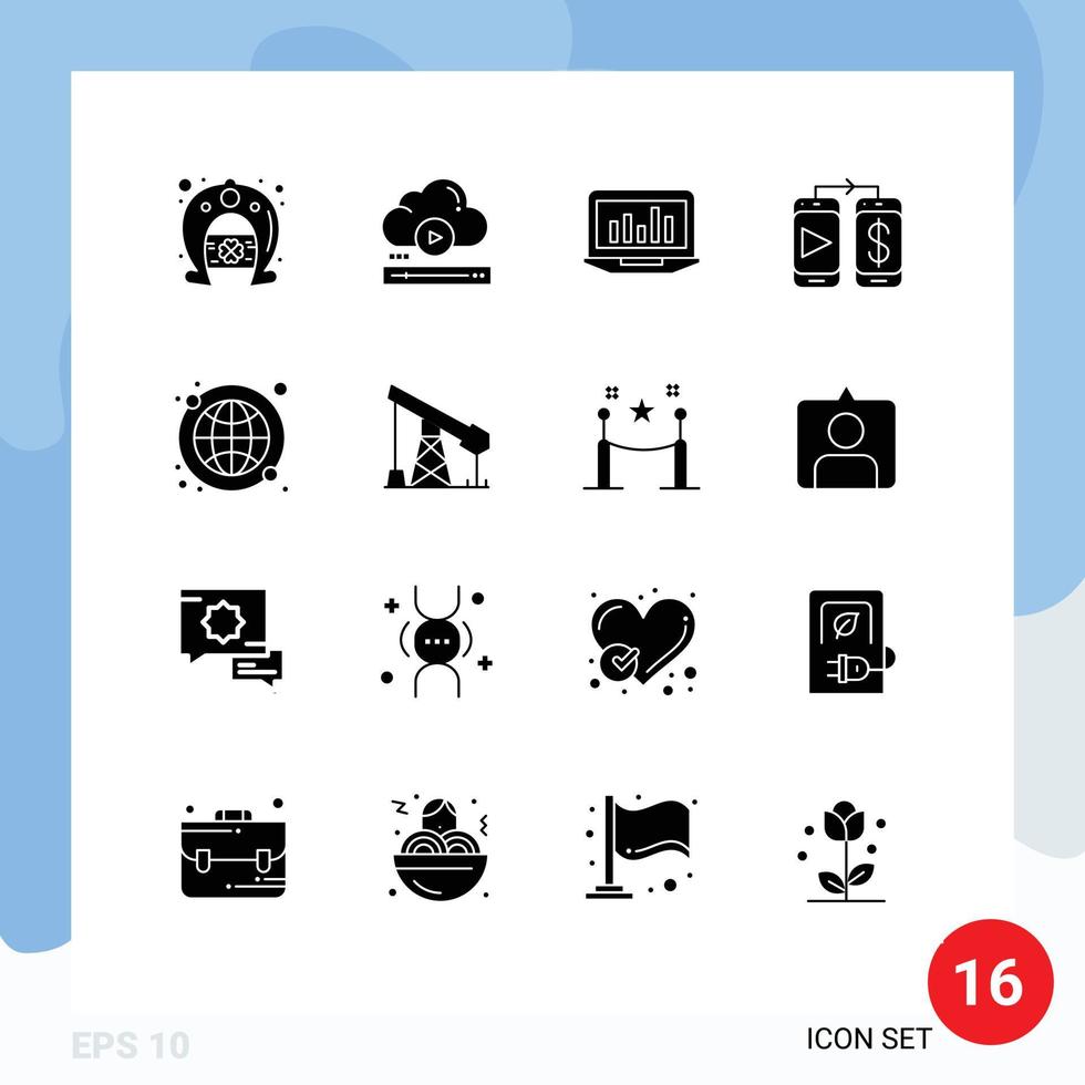 Mobile Interface Solid Glyph Set of 16 Pictograms of global dollar online mobile monitoring Editable Vector Design Elements