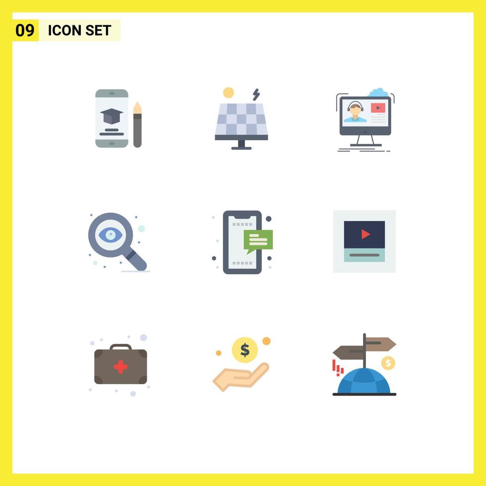 9 User Interface Flat Color Pack of modern Signs and Symbols of sms eye solar design online Editable Vector Design Elements