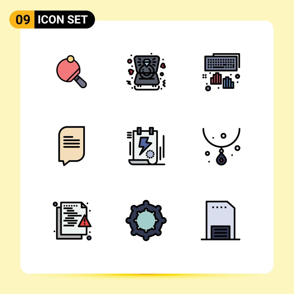 conjunto moderno de 9 colores planos y símbolos de línea de llenado, como documentos de archivo, mensajes de manos, chat, elementos de diseño de vectores editables