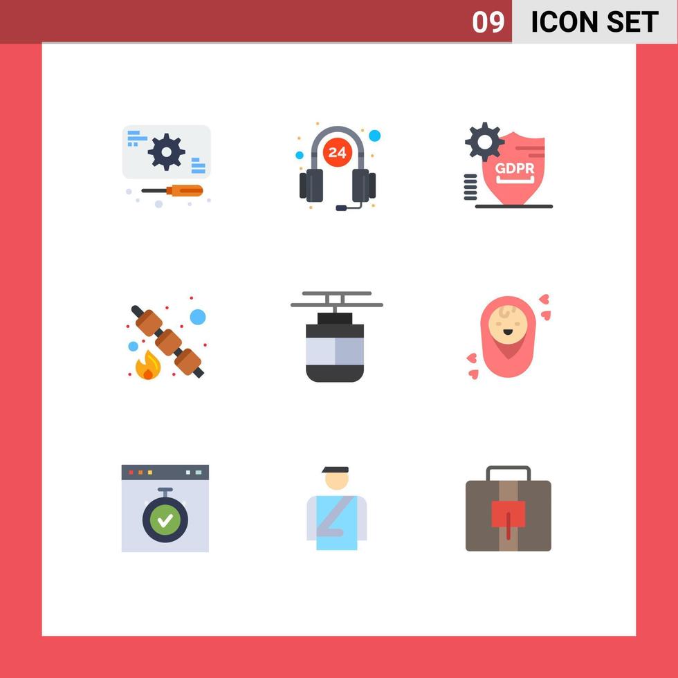 Set of 9 Vector Flat Colors on Grid for air food gdpr picnic security Editable Vector Design Elements