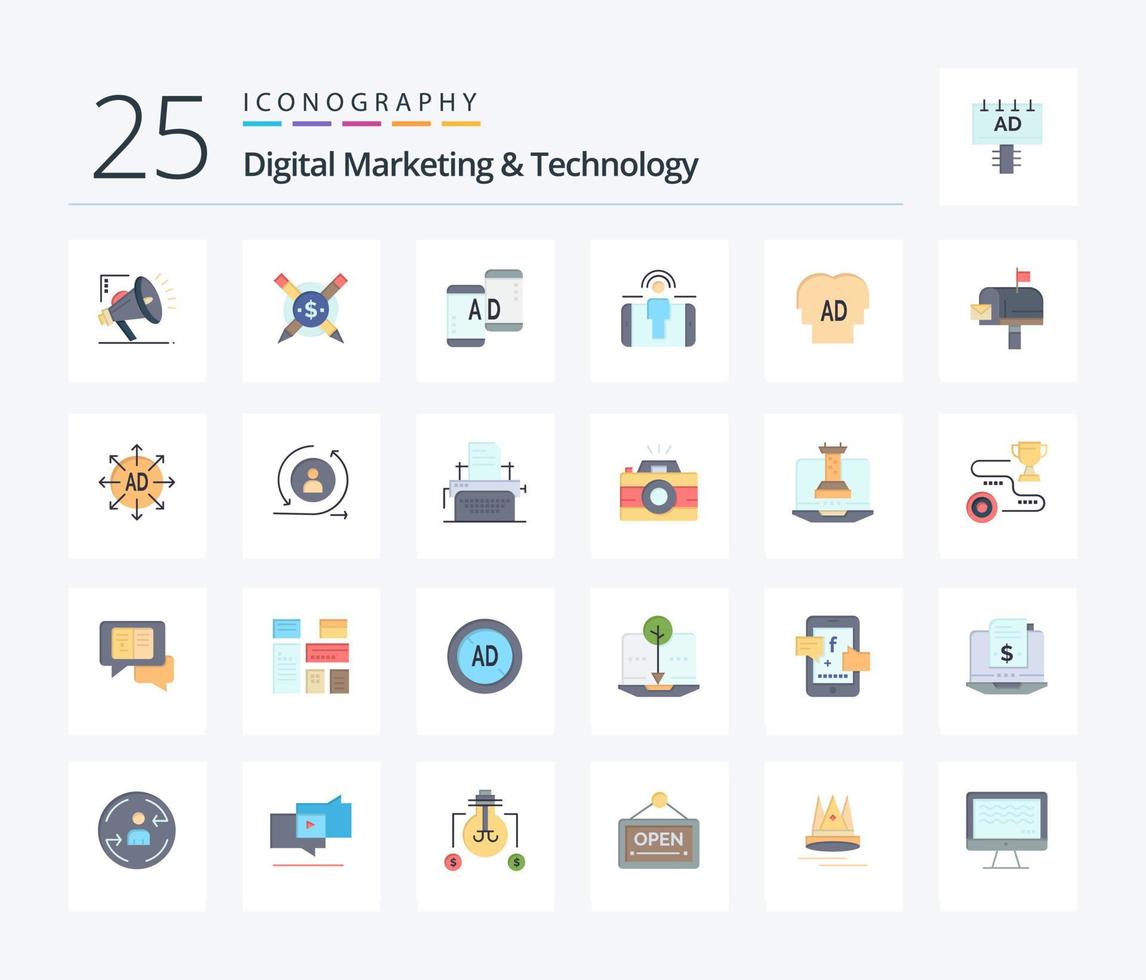 Digital Marketing And Technology 25 Flat Color icon pack including knowledge. marketing. advertising. user engagement. engagement vector