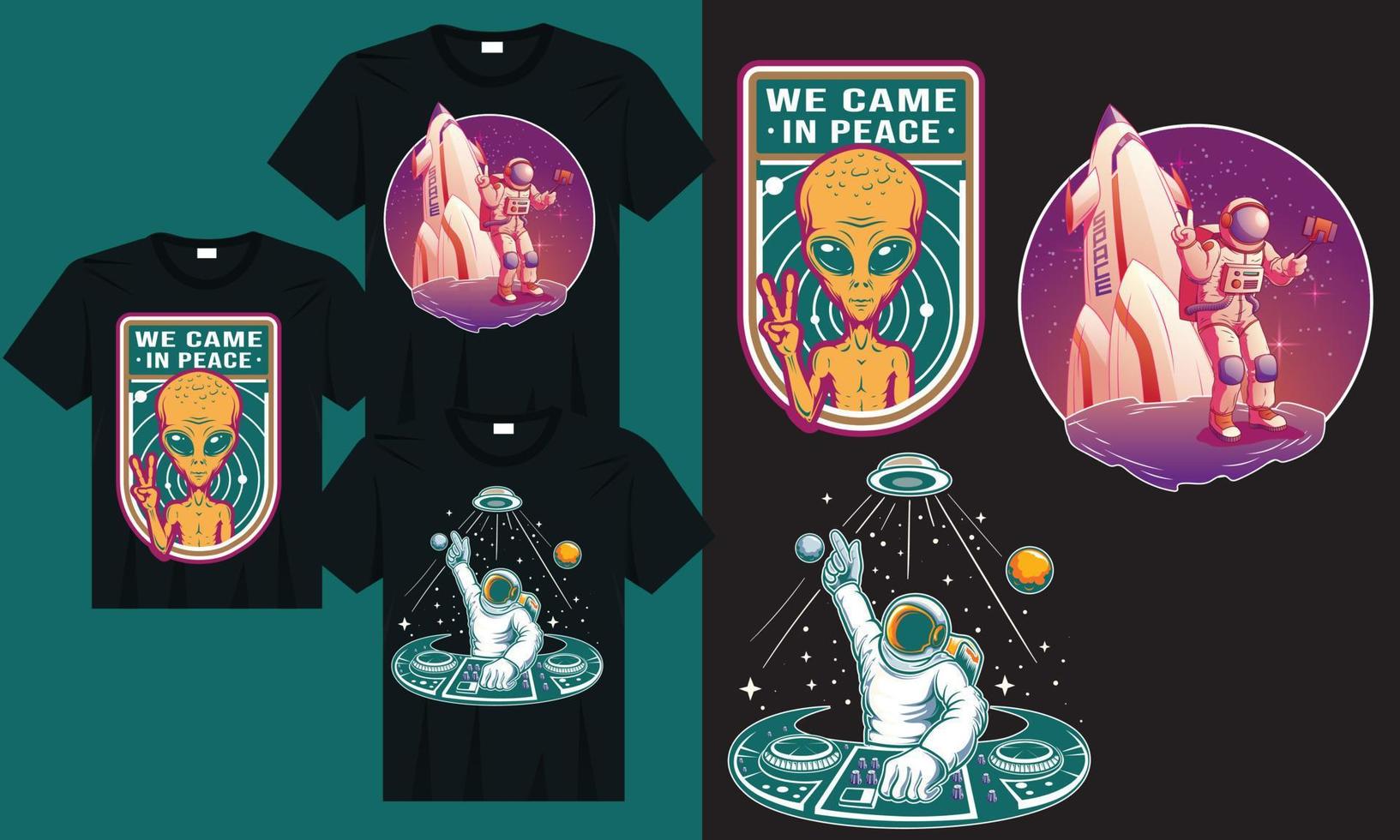 conjunto de camisetas alienígenas vintage, ilustración de música electrónica disc jockey de astronauta, astronauta haciendo selfie en la luna vector