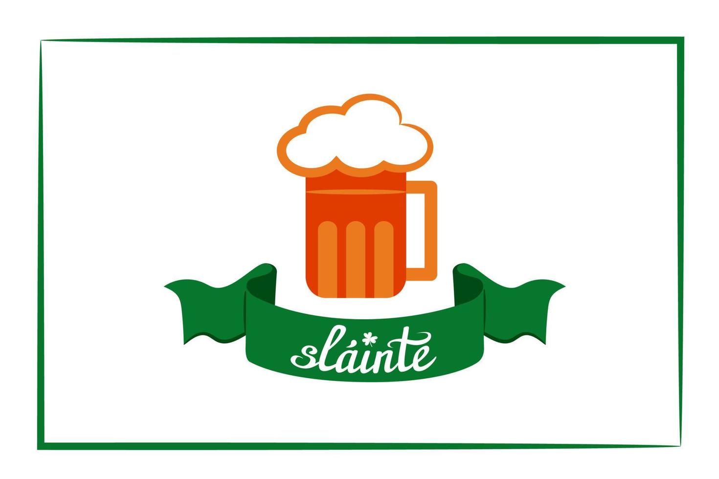 deseo gaélico de salud, slainte, brindis por la fiesta irlandesa, celebración, escrito en una elegante cinta verde. Letras dibujadas a mano con jarra de cerveza naranja. impresión festiva simple en colores de la bandera irlandesa vector