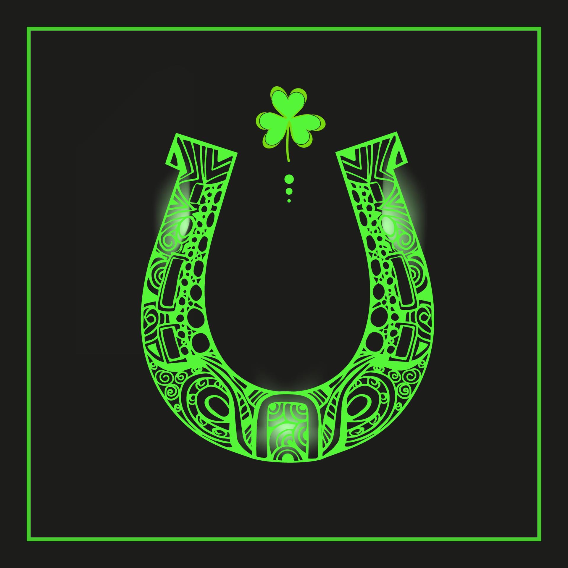 Greeting card, label, sticker with ornate horseshoe. Talisman with hand