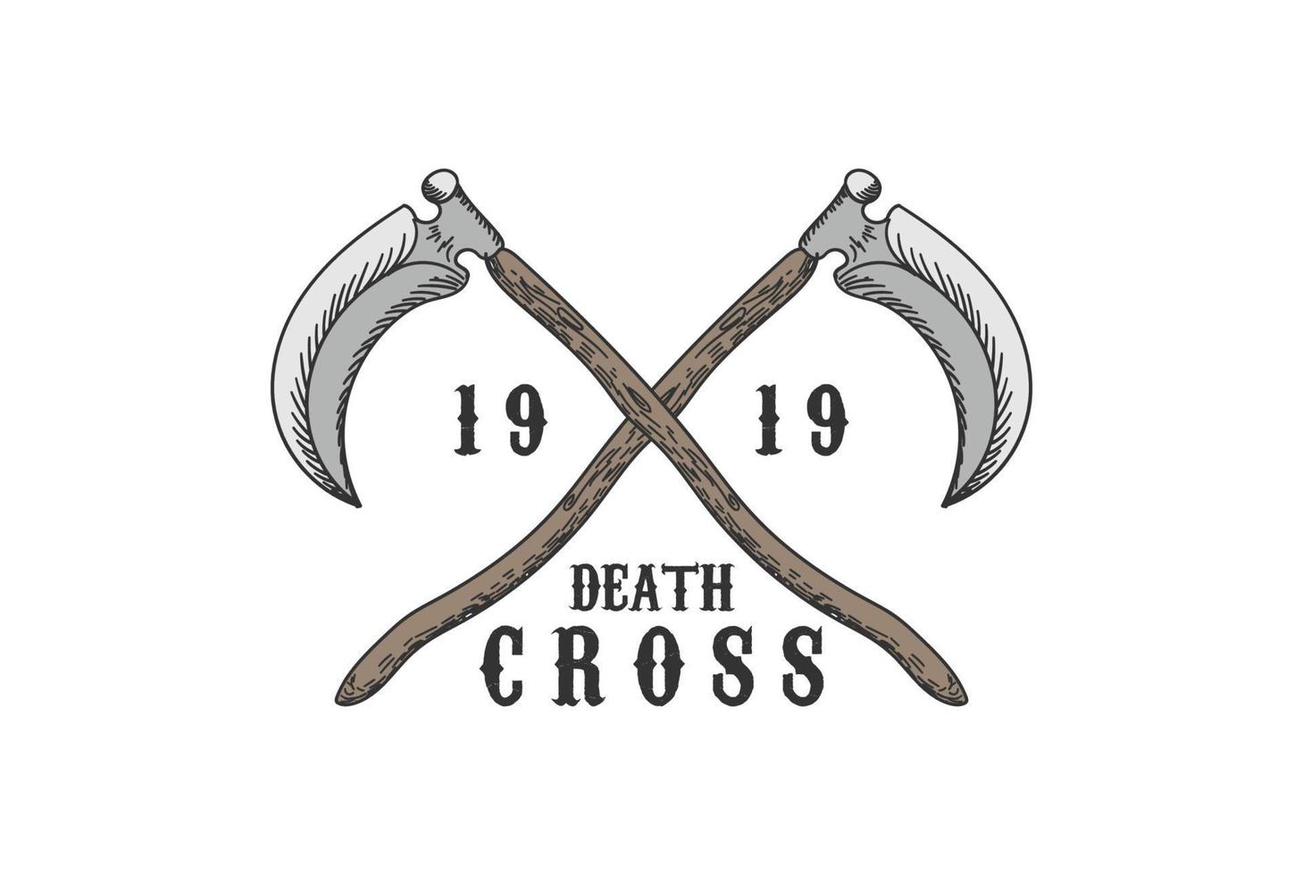 Vintage Retro Crossed Grim Reaper Death Weapon Scythe Logo Design vector