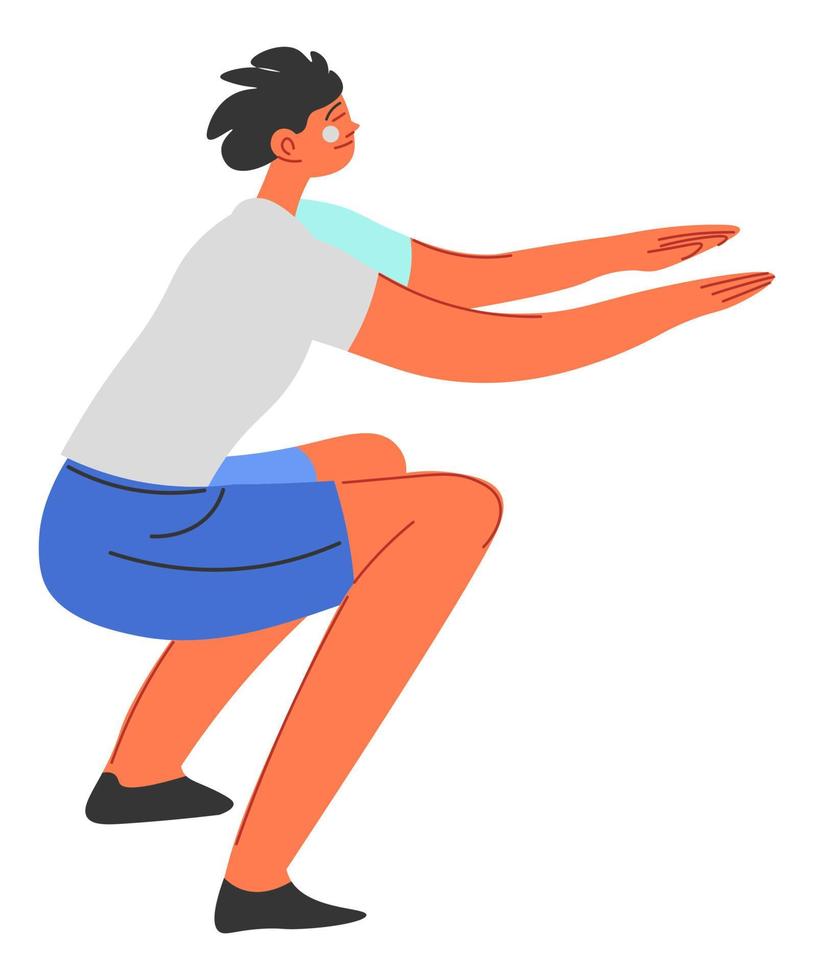 Male character doing squats, working out person vector