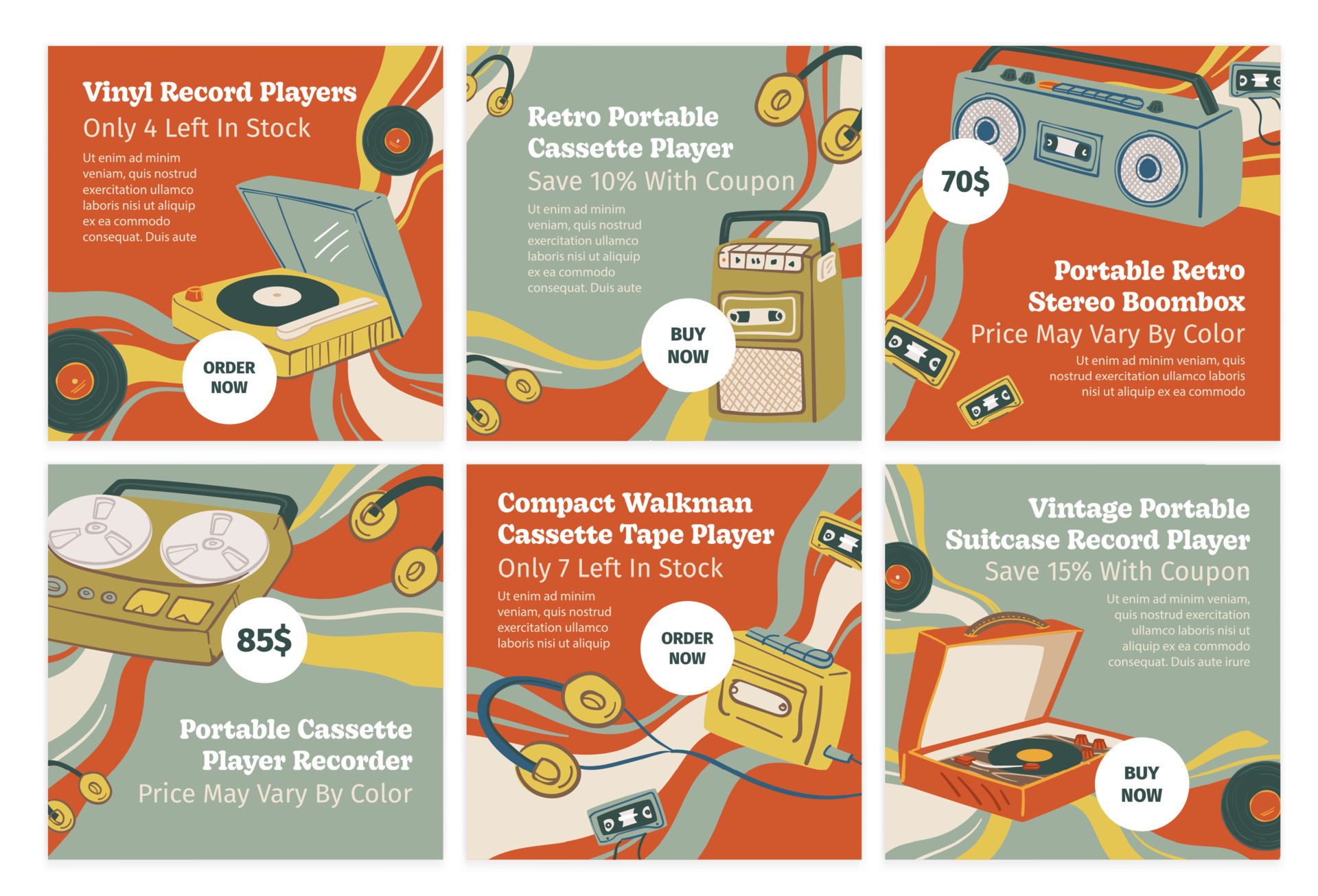 Retro music player sale, social media post set 17720476 Vector Art at
