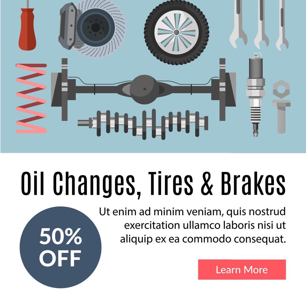 cambio de aceite, neumáticos y frenos 50 por ciento de descuento en vector