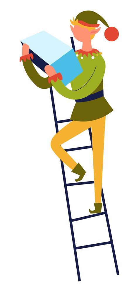 Elf with list standing on ladder, xmas character vector