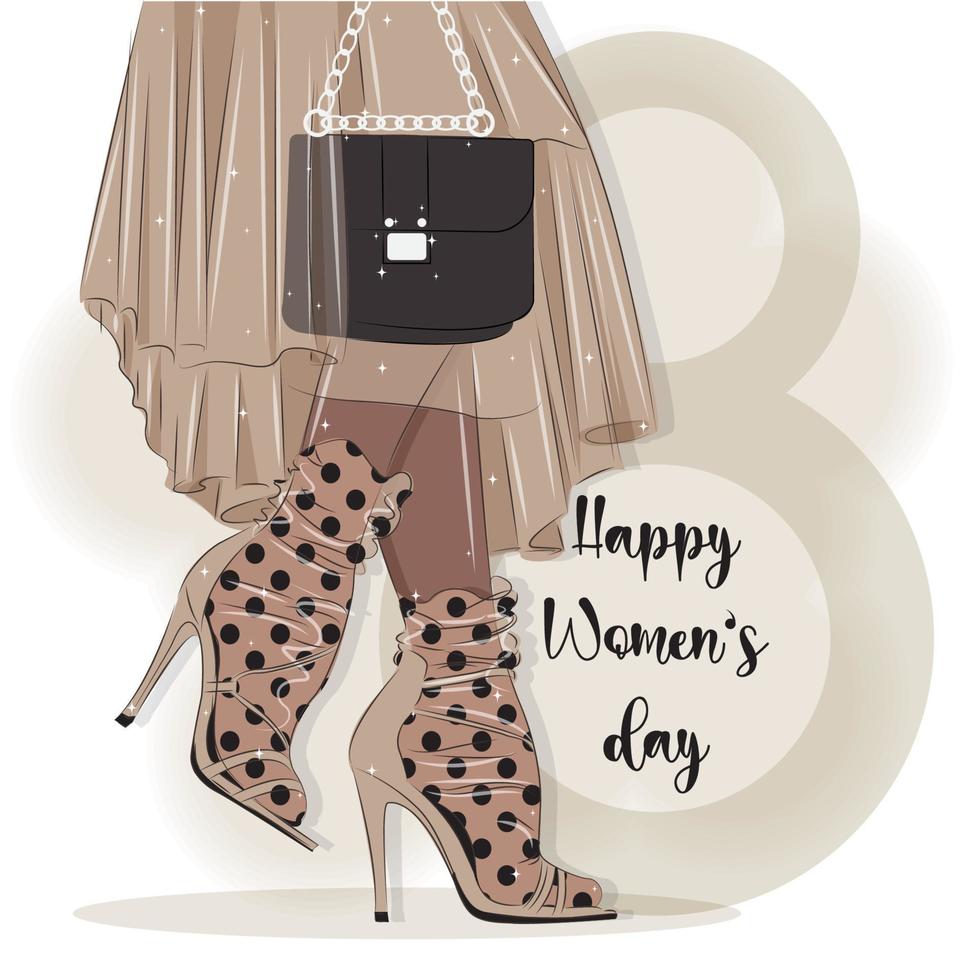 piernas de mujer con falda y tacones, tarjeta de moda para la ilustración de vector de vacaciones de mujer