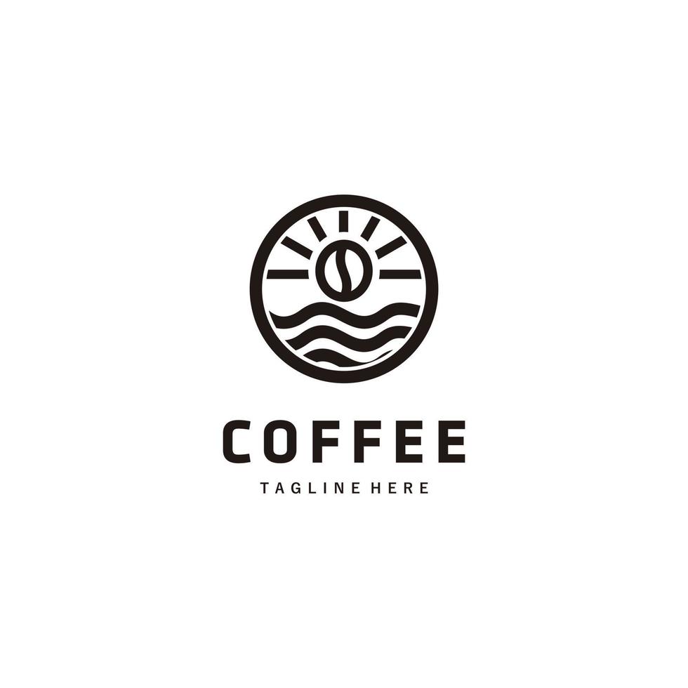 Coffee beans with sun shine and sea line art logo design vector