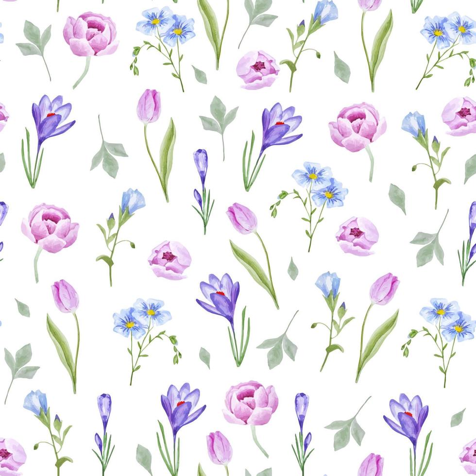 Watercolor seamless pattern with spring flowers cute pallete pink, blue and purple for decor, fabric, wallpapers vector