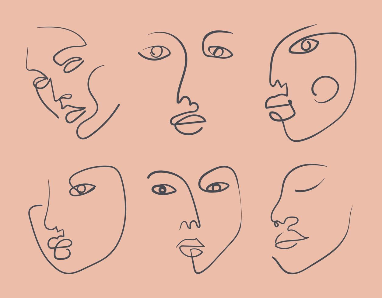 Continuous line, drawing of doodle faces, fashion minimalist concept, vector illustration. Modern fashionable pattern