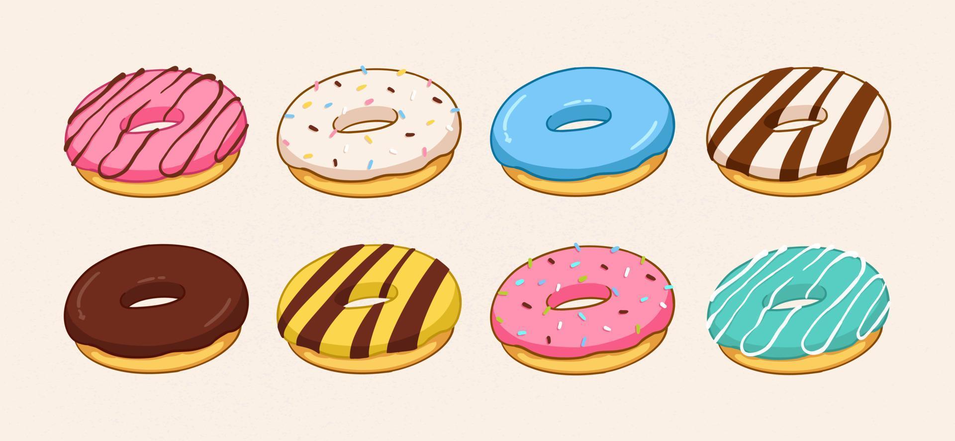 Set of cartoon colorful donuts isolated on white background. Side view. Doughnuts collection into glaze for menu design, cafe decoration, delivery box. vector illustration in flat style